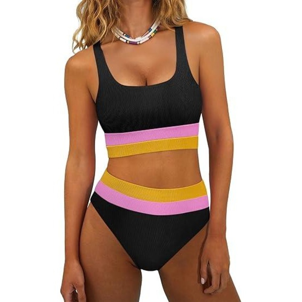 Anrabess Womens High Waisted Bikini Set Colorblock Ribbed Swimsuit Black Pink‎ L